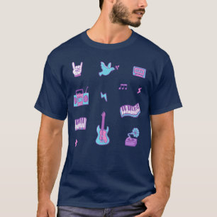 Rosa lila Retro-Musik-Icons Doodle-Muster lustig T-Shirt
