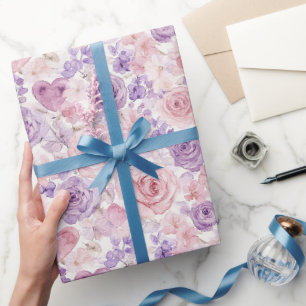 Rosa lila rosafarbene Blumen Herzen Valentinstag Geschenkpapier