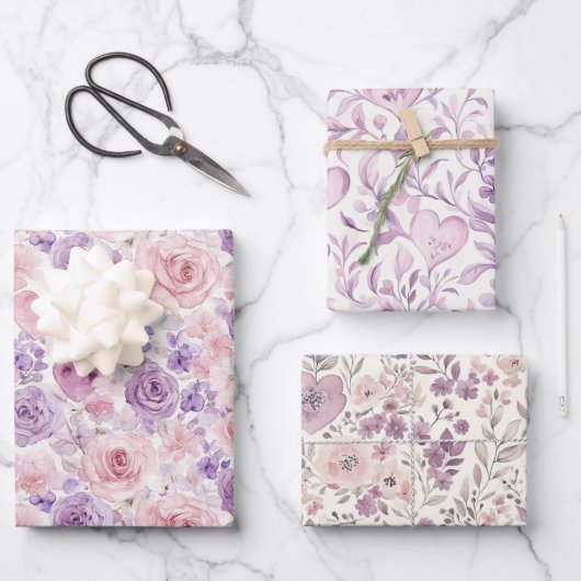 Rosa lila rosafarbenen Blumen Herzen Brautparty Geschenkpapier Set (Vorderseite)
