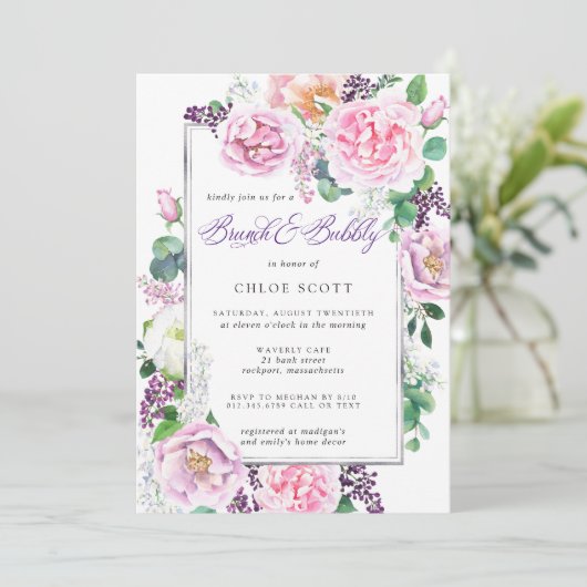 Rosa Lila Rose Floral Bridal Brunch Bubbly Einladung (Stehend Vorderseite)
