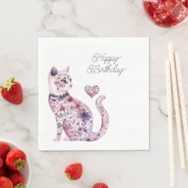 Rosa lila rosige Blumen Herz Liebe Katze Geburtsta Serviette