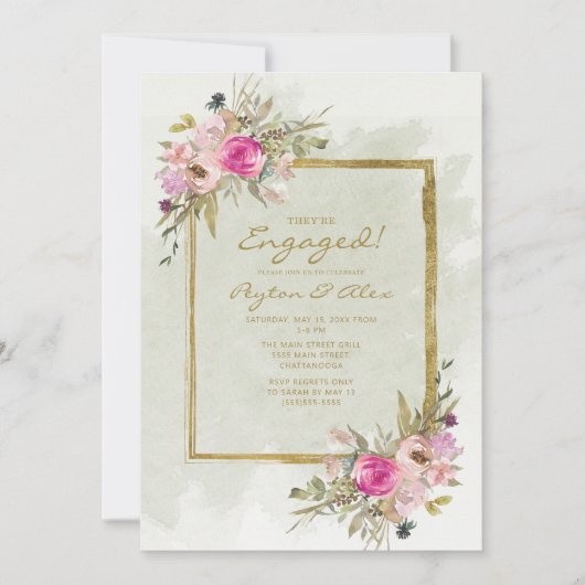 Rosa Lila Sage Green Blätter Gold Verlobung Einladung (Vorderseite)