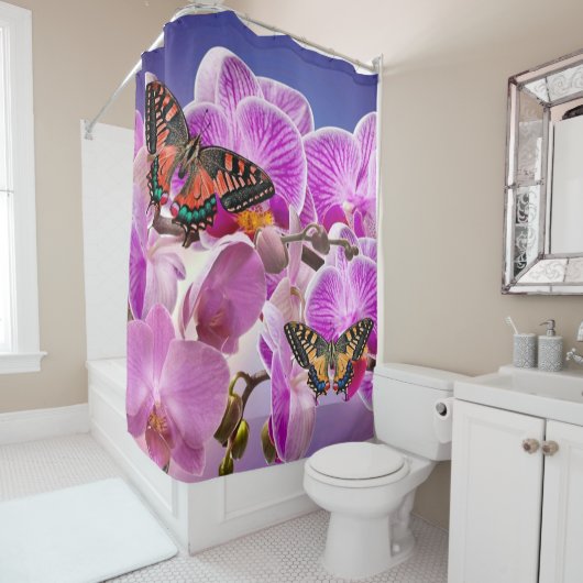 Rosa lila Schmetterling-Orchidee Blume Aquarell Duschvorhang (Beispiel)