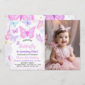 Rosa Lila Schmetterlinge Erstgeburt Einladung (Vorne/Hinten)