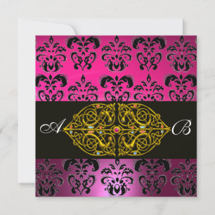 ROSA LILA SCHWARZ DAMAST MONOGRAMM, Gold Einladung