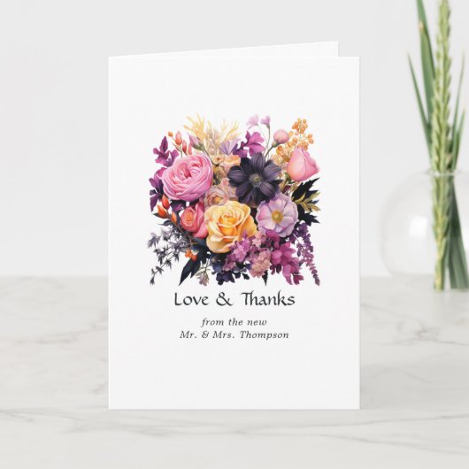 Rosa, Lila, schwarze und goldene Blumenhochzeit Dankeskarte (Vorderseite)