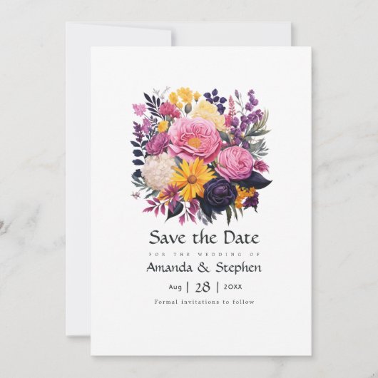 Rosa, Lila, schwarze und goldene Blumenhochzeit Save The Date (Vorderseite)
