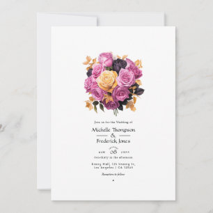 Rosa, Lila, Schwarze und Goldene Florale Hochzeit Einladung
