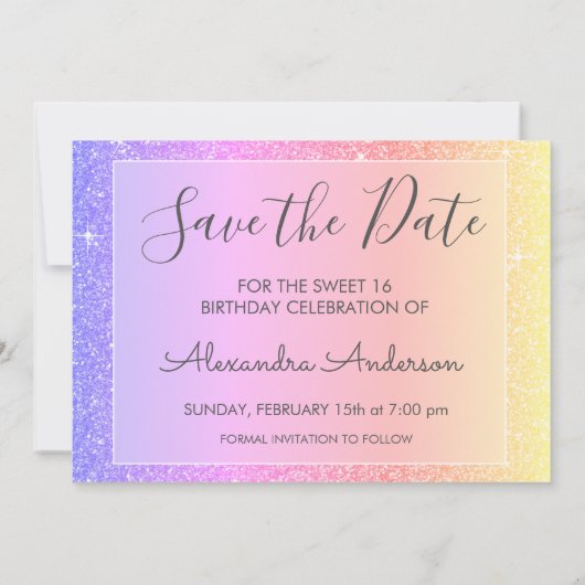 Rosa Lila Sparkle Glitzer Sweet 16 Save the Date (Rückseite)
