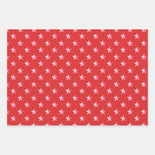Rosa Lila Sterne auf Holiday Red Geschenkpapier Set (Vorderseite)
