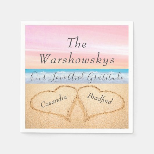 Rosa Lila Strand Hochzeit 2 Herzen in Sand Serviette (Vorderseite)