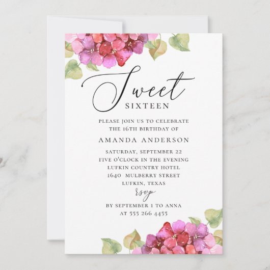 Rosa Lila Süße 16. Blumengeburt Einladung (Vorderseite)