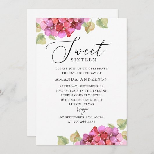Rosa Lila Süße 16. Blumengeburt Einladung (Vorne/Hinten)