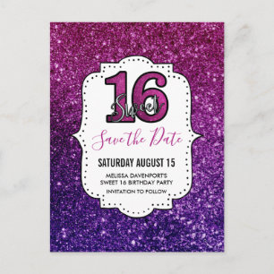 Rosa & Lila Sweet 16 Funkelnde Save-the-Date-Karte Postkarte