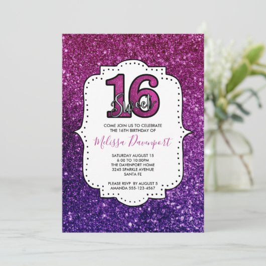 Rosa & Lila Sweet 16 Sparkle Glitzer Edelsteine Einladung (Stehend Vorderseite)