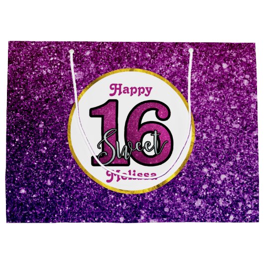 Rosa & Lila Sweet 16 Sparkle Glitzer Edelsteine Große Geschenktüte (Rückseite)