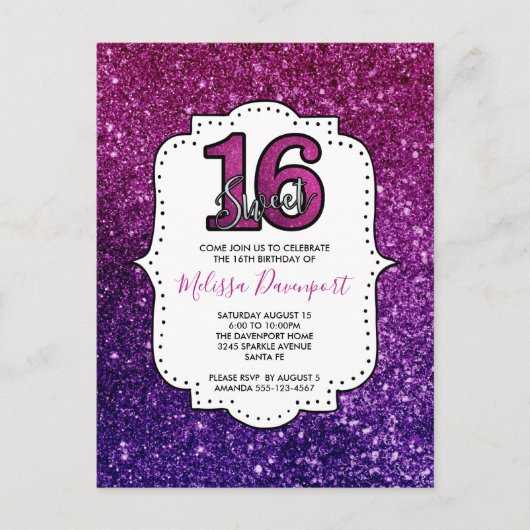 Rosa & Lila Sweet 16 Sparkle Glitzer Edelsteine Postkarte (Vorderseite)