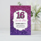 Rosa & Lila Sweet 16 Sparkle Glitzer Edelsteine Save The Date (Stehend Vorderseite)