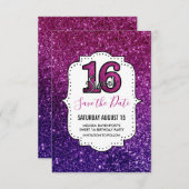 Rosa & Lila Sweet 16 Sparkle Glitzer Edelsteine Save The Date (Vorne/Hinten)
