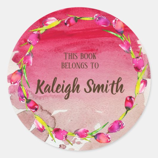 Rosa Lila Tulissen auf Red Watercolor Buchname Runder Aufkleber (Vorderseite)
