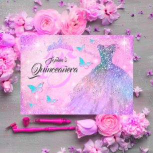 Rosa Lila Türkis Glitzer Kleid Quinceanera Einladung