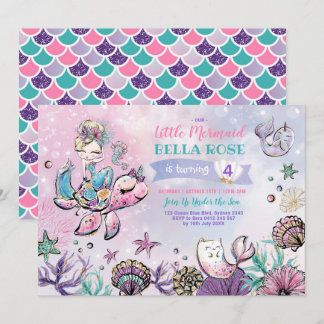 Rosa Lila Türkis Merquoise Pool Party Geburtstag Einladung