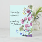 Rosa Lila Türkis Wildblume Sommer Danke Einladung (Stehend Vorderseite)