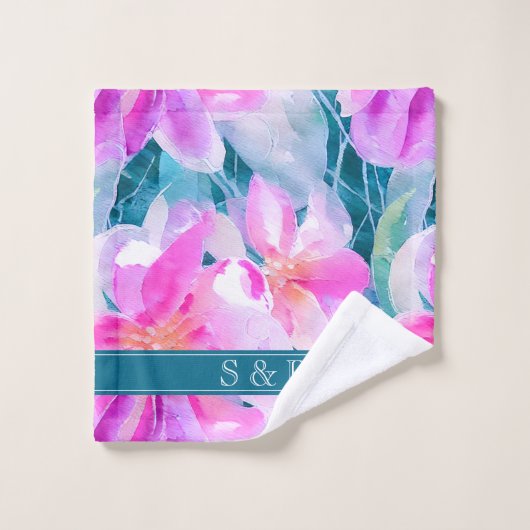 Rosa Lila und Aquamarine Farbflora Monogramm Badhandtuch Set (Waschlappen)