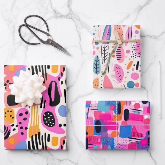 Rosa, Lila und Blau Abstraktes Bohemisches Muster Geschenkpapier Set (Vorderseite)