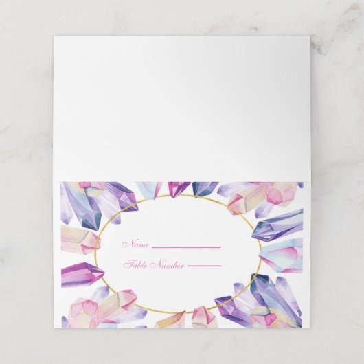 Rosa Lila und gelbe Kristalle Name Platzkarte (Außenseite Aufgefaltet)