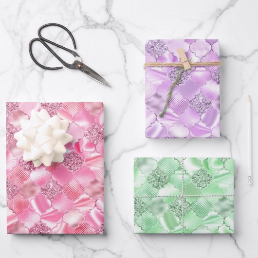 Rosa, Lila und grün marokkanisches Quatrefolie Geschenkpapier Set (Vorderseite)