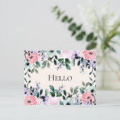Rosa Lila und grüne Flora Hallo Postkarte (Stehend Vorderseite)