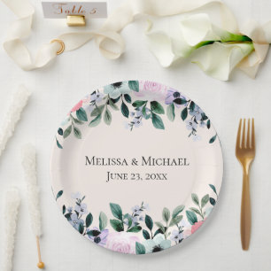 Rosa Lila und Grüne Wasserfarben Florale Hochzeit Pappteller