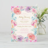 Rosa Lila Vintage Blumendusche Einladung (Stehend Vorderseite)