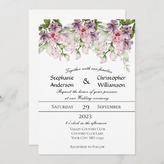 Rosa Lila Wasserfarbe Blumengrün Hochzeit Einladung (Vorne/Hinten)