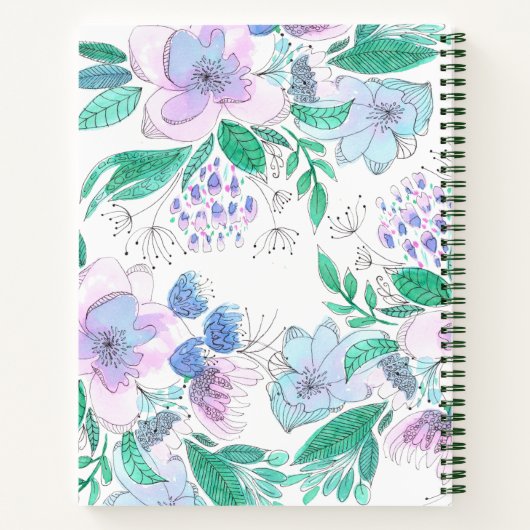 Rosa Lila Wasserfarbe Doodle Blüten und Blätter Notizblock (Rückseite)