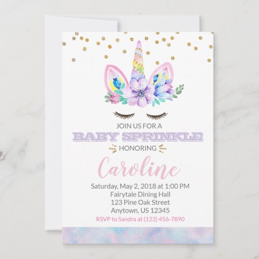Rosa Lila Wasserfarbe Einhorn Baby Sprinkle Einladung (Vorderseite)