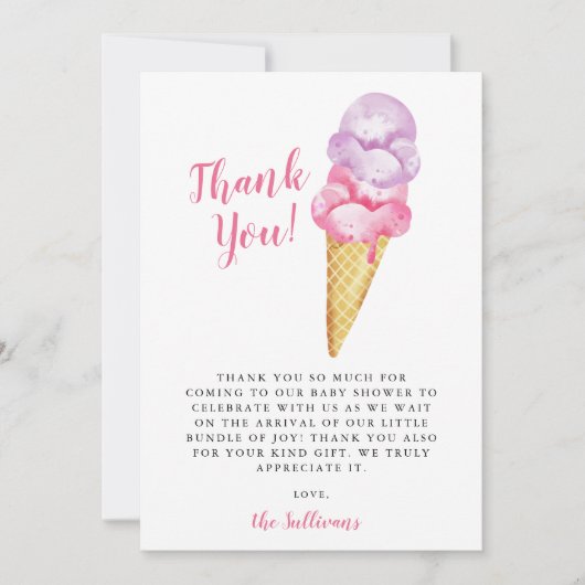 Rosa Lila Wasserfarbe Eiscreme Kinderdusche Dankeskarte (Vorderseite)