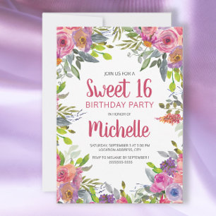 Rosa lila Wasserfarbe Floral Sweet 16 Geburtstag Einladung