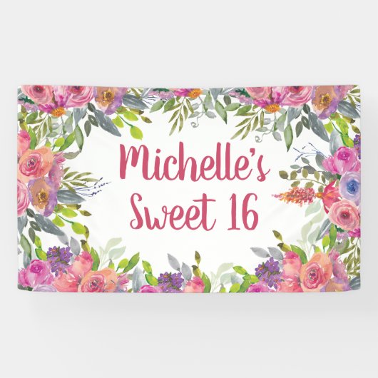 Rosa Lila Wasserfarben Blumengrün Süß 16 Banner (Horizontal)