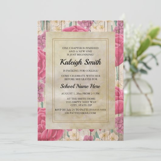 Rosa Lila weiße Blume Rustikales Holz Trunk Party Einladung (Stehend Vorderseite)