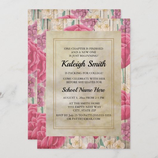 Rosa Lila weiße Blume Rustikales Holz Trunk Party Einladung (Vorne/Hinten)