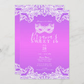 Rosa Lila weiße Spitzen Masquerade Sweet 16 Party Einladung (Vorne/Hinten)