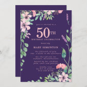Rosa Lila Wildblume Herbst 50. Geburtstag Einladung (Vorne/Hinten)