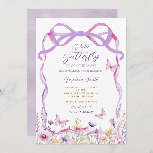 Rosa Lila Wildblume Schmetterlinge Kinderdusche Einladung (Vorne/Hinten)