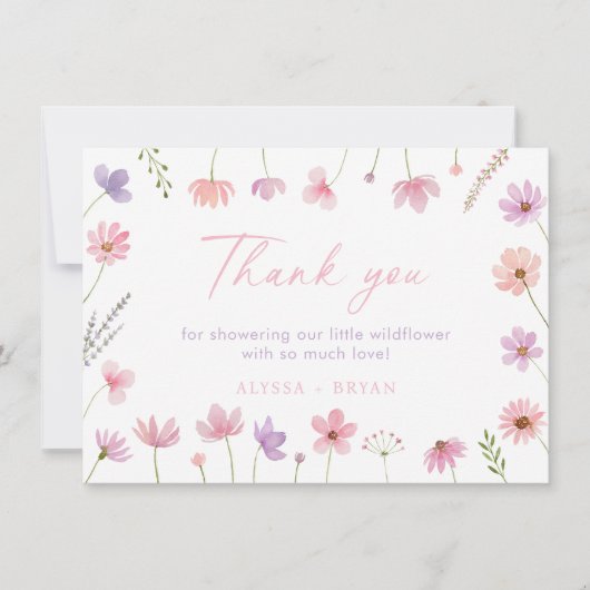 Rosa Lila Wildblumen Kinderdusche Dankeskarte (Vorderseite)