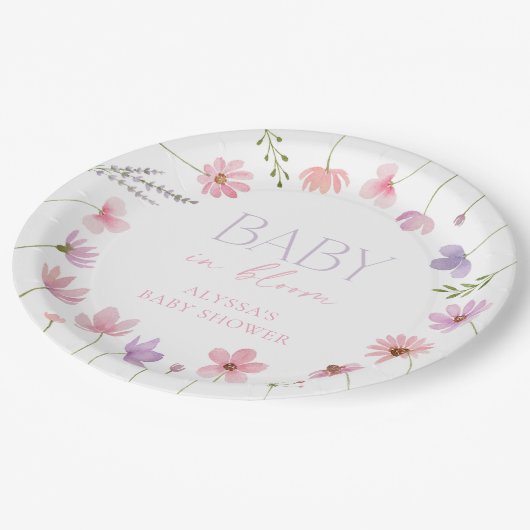 Rosa Lila Wildblumen Kinderdusche Pappteller (Schrägansicht)