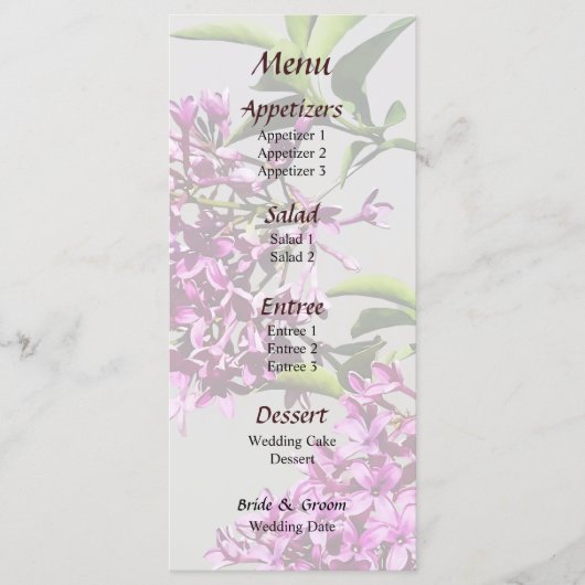 Rosa Lilacs und Blätter Wedding Menu Menükarte (Vorderseite)