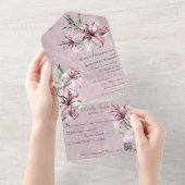 Rosa Lilien auf geschwächten Mauve mit QR-Code All In One Einladung (Abreißen)