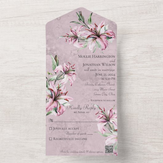 Rosa Lilien auf geschwächten Mauve mit QR-Code All In One Einladung (Innen Boden)